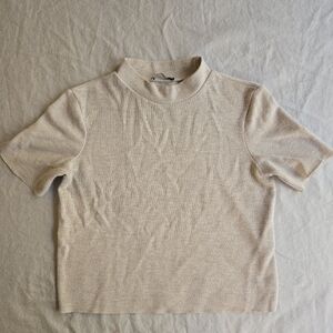 Zara Cream Oatmeal Fuzzy Rib Mockneck Short Sleeve Cropped Top